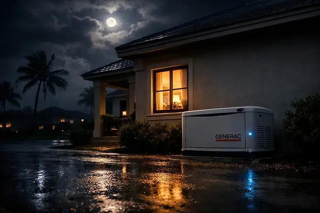 Standby generator running during a storm at night