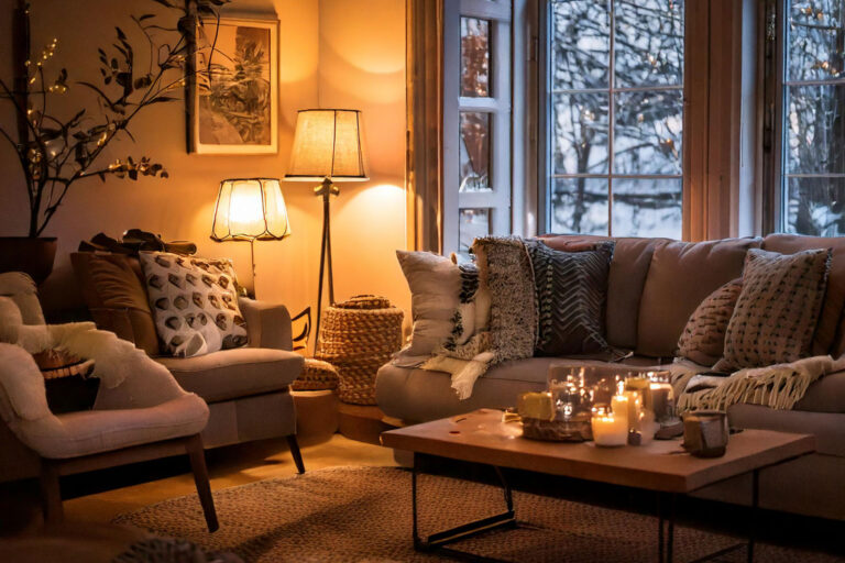 Warm cozy living room with lights on during a storm
