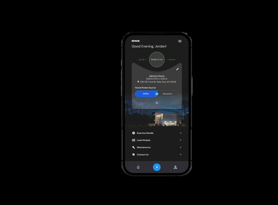 Kohler Energy Management app dashboard showing generator status and controls